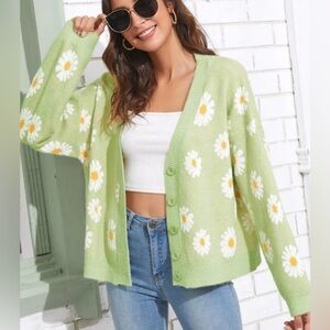 Daisy Floral Cardigan Sweater One Size Oversized Button Up Cottagecore Knit‎
